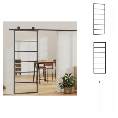 A sliding door with a black frame and glass panels is shown. To the right are two black frames with horizontal bars, and a thin black vertical bar.
