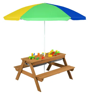 Produktbild von FANTASK Holz Kinder Picknicktisch 3 in 1, Gartentisch mit Sonnenschirm & Bänke,