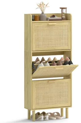 Image de Étagère à chaussures étroite - Armoire à chaussures avec 3 compartiments rabattables - Étagère ouverte - Pour 12 à 18 paires de chaussures - 65 x 24,5 x 153 cm - Chêne