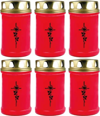 Produktbild von Grabkerze Rot 6er Pack, Brenndauer: 48 Stunden ( je Kerze ), Motiv: Rose Kreuz