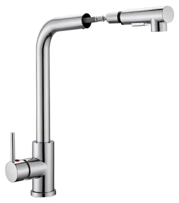 Produktbild von Küchenarmatur mit ausziehbarer Geschirrbrause aus Edelstahl, Hochdruck, 360° drehbar, Mischbatterie mit 2 Wasserstrahlarten (Chrom)