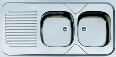 A top-down view of a stainless steel kitchen sink with two basins and a draining board.