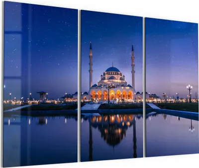 Produktbild von DEQORI Glasbild Echtglas 3x50x100 cm 'Sharjah Moschee bei Nacht' Wandbilder XXL groß