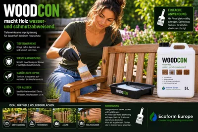 Produktbild von Woodcon Holzimprägnierung – Holz und Möbel dauerhaft wasserabweisend schützen – Farbloser Holzschutz für Innen- und Außenbereich – 2,5 L – 20 m²