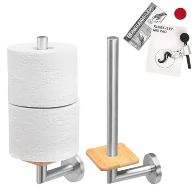 Produktbild von bremermann Bad-Serie PIAZZA BAMBUS - Toilettenpapierhalter mit Bambusboden inkl. Klebeset aus Bambus und Edelstahl matt