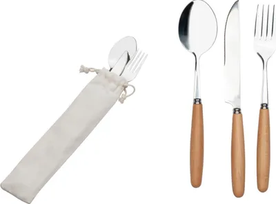 Produktbild von Besteckset in einem Baumwolltäschchen / Löffel, Gabel und Messer