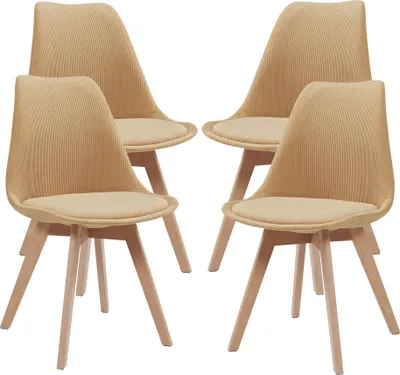 Four beige dining chairs with wooden legs are arranged on a white background.