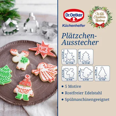 Produktbild von Dr. Oetker 5er Ausstecher-Set, Ausstechformen für Weihnachten, Ausstecher für Plätzchen, Kekse und Fondant, vielfältige Motive, Menge: 1 x 5er Set
