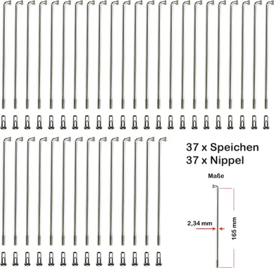 Produktbild von 37 Stück Speichen 165mm Verstärkt NIROSTA 2,34 inkl. Messing Speichennippel