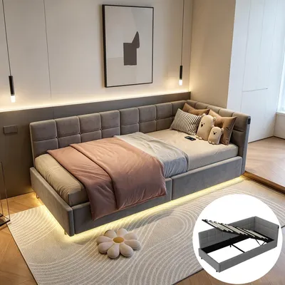Produktbild von INONEFT Polsterbett90x200 mit LED und USB/C,Jugendbett mit Hydraulischer Stauraum,Schlafsofa Einzelbett Tagesbett Bettgestell mit Lattenrost,Samt,Grau