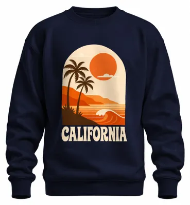 Zdjęcie produktu dla Bluza z kapturem w stylu retro, motyw: palmy, słońce, plaża, surfing, zachodnie wybrzeże, lata 80., kolor: granatowy, rozmiar: XXL
