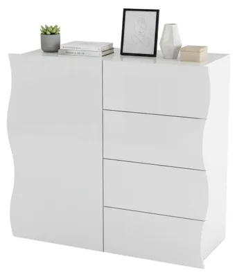 Produktbild von Kommode Derli, Küchen-Sideboard mit 4 Türen und 1 Schublade, Wohnzimmer-Buffet, 100%  Italy, cm 90x40h81, glänzend weiß