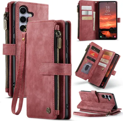Image de Étui en cuir pour Samsung Galaxy S25, étui en cuirPolyuréthaneavec fermeture à glissière, fermeture magnétique, pochette pour cartes, support, étui portefeuille Rouge