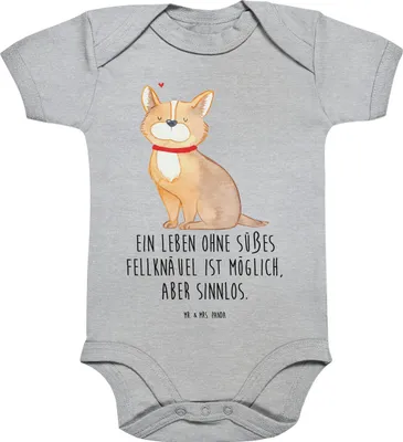 Produktbild von Mr. & Mrs. Panda Strampler Baby Hund Glück 1. - 3. Monat - Heather Grey - Geschenk, Spruch, Babybody, Babystrampler, Corgie, overall, babykleidung body, Sprüche, Liebe
