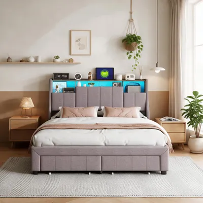 Immagine prodotto di Letto imbottito INONEFT, 160x200 cm, con illuminazione LED e porta USB, letto per ragazzi con 2 cassetti, testiera con tasca laterale e vano contenitore, colore grigio lino