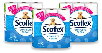 Imagen del producto de 3 rollos de papel higiénico Scottex Complete Clean, de doble capa, en paquete económico
