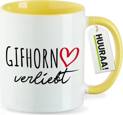 Produktbild von Huuraa Kaffeetasse Gifhorn verliebt 330ml Gelb Keramik Kaffeebecher Geschenkidee