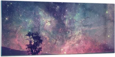 Produktbild von Bilder auf glas - Einteilig - Kosmos Baum Wiese - 120x50cm - Glasbilder - Wandbilder - Bilder - zum Aufhängen bereit - Wanddekoration aus Glas - Glas Bilder - Wandbild auf Glas - GAB120x50-4225