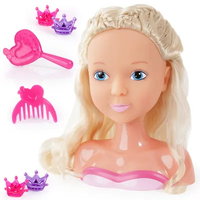 Produktbild von Bayer Design 90019AA Frisierkopf My lovely Princess, 19 cm, mit langen blonden Haaren, Bürste, Kamm, Haarklips, für kreatives Spielen