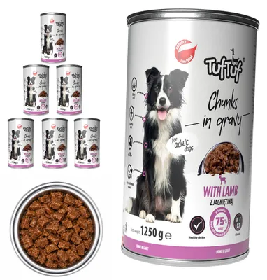 Obrázek produktu pro TufTuf | Mokré krmivo pro psy, kousky v omáčce, jehněčí – krmivo pro psy v konzervách, 6x1250 g – bez kuřete – pro dospělé psy – 75% podíl masa