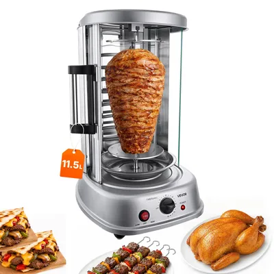 Produktbild von VEVOR Vertikaler Dönergrill 11,5 L 1500 W Gyrosgrill Kebab Shawarma Silber für Kleine Haushalte, 190 °C Maximaltemperatur, Timer 0–60 Minuten, Sicherheitsglastür, Tropfschale, Drehgabeln und Spieße