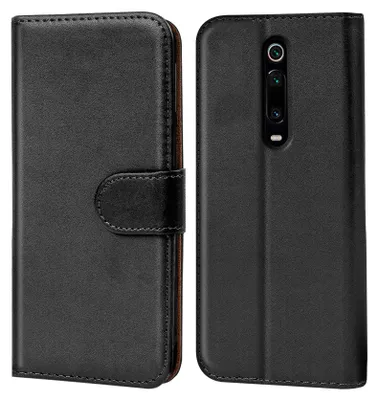 A black flip case for a smartphone, shown from the front and back.