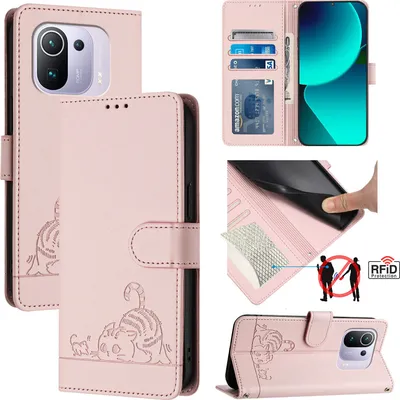 Produktbild von Leder Hülle für Xiaomi Mi 11 Pro Süße Katze Flip Case Brieftasche Schutzhülle mit Standfunktion Pink
