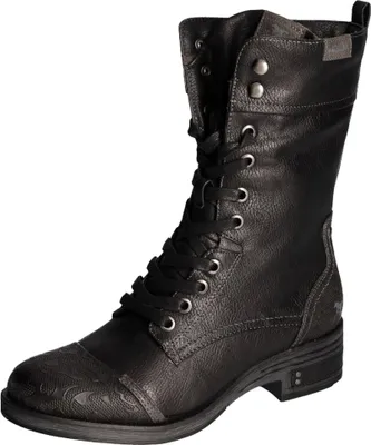 A single black leather boot on a white background.