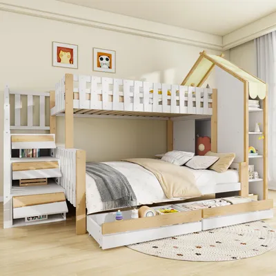 A bunk bed with storage in a child's bedroom.