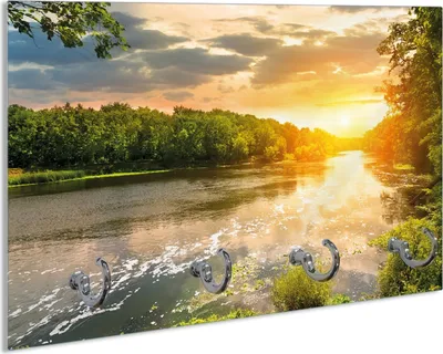 Produktbild von Wallario Handtuchhalter aus Glas, Motiv: Sonnenuntergang am Fluss in grüner Umgebung, 30 x 20 cm mit 4 Haken