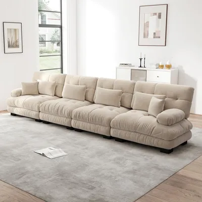 Produktbild von MODFU 4-Sitzer Polstersofa mit mit 2 Lendenkissen und 2 Dekokissen,Loungesofa Chenille,ohne Ottoman,Modulares Sofa,Hellbraun
