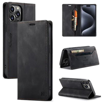 Obrázek produktu pro Pouzdro Pro iPhone 15 Pro, RetroPolyuretanKožené Pouzdro, Stojánek a Ochranné Pouzdro černé