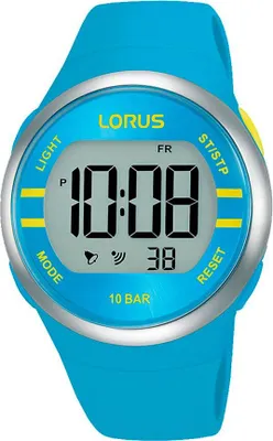 A close-up studio shot of a blue digital watch.