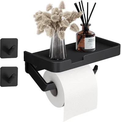 Produktbild von Selbstklebende Toilettenpapierhalterung matt schwarz mit 2 Handtuchhaken