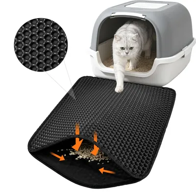 Produktbild von Katzenklo Matte 50x40cm Waben Doppelschicht Katzenstreu Matte Urin- & wasserdichte Katzenmatte für Katzenklo, Katzen-toilette Vorleger schwarz