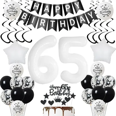 Image de Décoration pour anniversaire, 65 ans, ballons en aluminium et en latex, 81 cm, noir et blanc, pour une fête