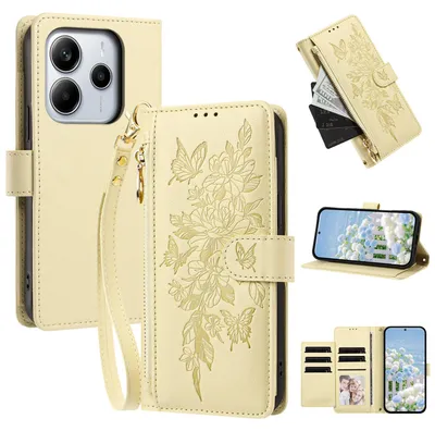Image de Étui pour Xiaomi Poco M7 Pro 5G/Redmi Note 14 5G, étui en cuirPolyuréthanede type portefeuille avec compartiments, support pour cartes et dragonne, couleur jaune