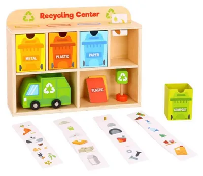 Produktbild von Tooky Toy Spielzeug Recycling Center TY635A aus Holz, Recyclinghof, Müllauto orange