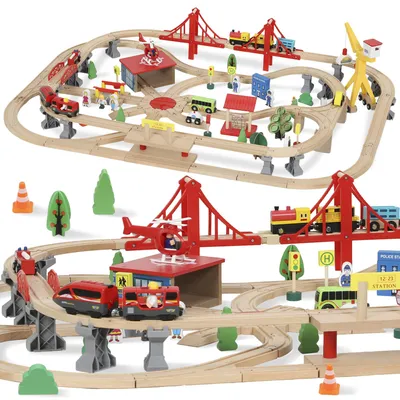 Productafbeelding van Houten spoorwegset, 133 onderdelen, met elektrische locomotieven, treinen, grondplaat, rails, kraan en brug, voor peuters vanaf 3 jaar.