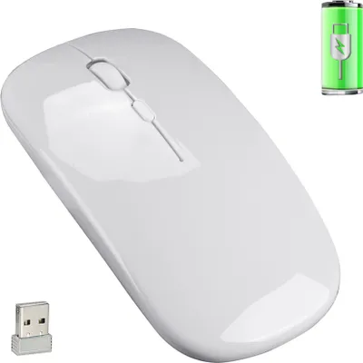 A white wireless mouse is shown on a white background, with a USB receiver and a battery icon in the corners.