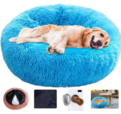 Immagine prodotto di Cuccia per cani, forma a ciambella, morbida, in peluche, lavabile, colore blu, diametro 40 cm