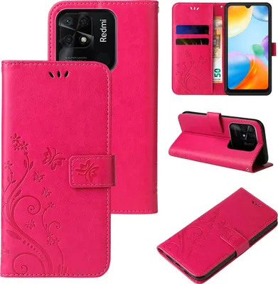 Collage of product images showing a pink floral butterfly flip case for a Xiaomi Redmi 10C phone.