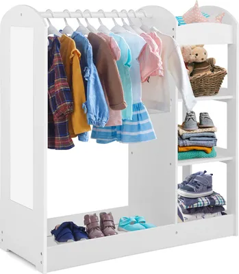 Produktbild von COSTWAY Kindergarderobe mit Spiegel, Prinzen Prinzessin Kleiderständer mit Kleiderbügel und 4 Ablagen, Kinder Kleiderschrank aus Holz, 93,5 x 38 x 100 cm (Weiß)