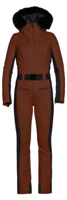 Immagine prodotto di Tuta da sci da donna Goldbergh Parry, modello softshell, con cappuccio e bordo in ecopelliccia, color marrone, taglia 36