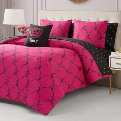 Bettwäsche-Set Twin 6-tlg. mit Logo-Muster, Polyester, Hot Pink/Schwarz