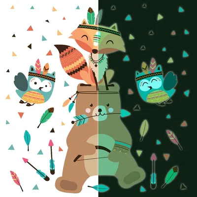 Produktbild von Leuchtsticker – Teddybär und indische Tiere – Fluoreszierender Wand-/Deckensticker für Kinder – 160 x 120 cm