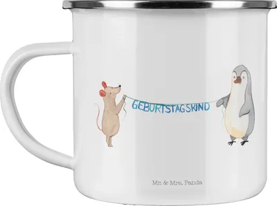 Produktbild von Mr. & Mrs. Panda Teetasse Maus Pinguin Geburtstag - Weiß - Geschenk, Blechtasse, Happy Birthday, Pott, Teebecher, Campingtasse, Geburtstage, Emaille Tasse
