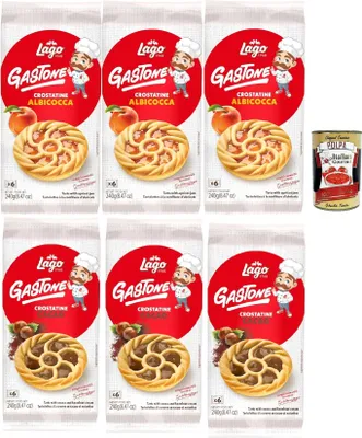 Produktbild von Lago 1968, Le Merende di Gastone Crostatine Testpaket, Aprikosentörtchen und schokolade kuchen, einzeln verpackt, Aprikosenmarmelade, Kindersnack ohne Palmöl 3x 240g + Italian Gourmet polpa 400g