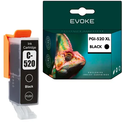 Obrázok produktu pre Kompatibilné atramenty Evoke pre tlačiarne Canon PGI-520BK, PGI520BK, 2932B001, čierna farba, objem 21 ml, výtlačnosť až 380 strán, vhodné pre modely PIXMA iP3600, iP4600, iP4700, MP540, MP550, MP560, MP620, MP640