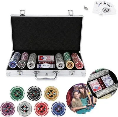 Produktbild von Silberner Pokerkoffer Set - 300 professionelle Pokerchips, 2 Spielkarten, Würfel & Dealer-Button für zu Hause